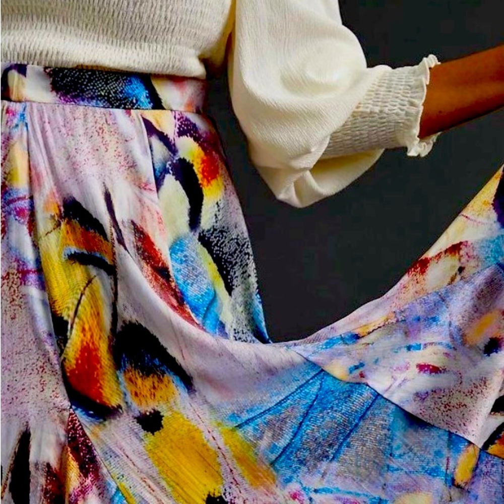 Anthropologie A-Line Flowy Satin Midi Skirt in Colorful Abstract Neutral Motif
